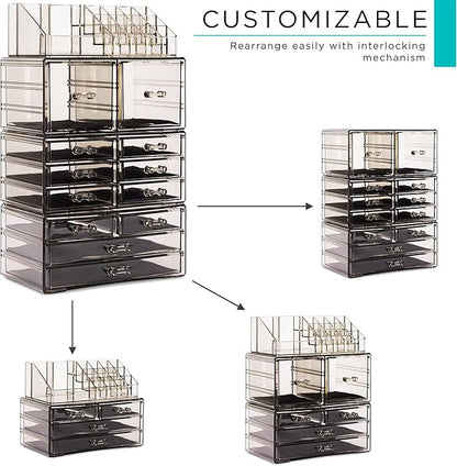 Sorbus Large Makeup Organizer - Clear Stackable Jewelry & Makeup Organizer For Vanity, Bathroom Storage, Dresser - 12 Drawers Cosmetic Beauty Organizers and Storage with Lipstick, Makeup Brush Holder