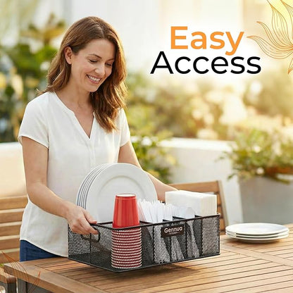 Gennua Kitchen Paper Plate Organizer for Cabinet, Counter, Picnics, Parties & More, Extra Large Utensil Caddy Crafted of Thick Iron Mesh With 6 Compartments for Paper Plates & Plastic Silverware