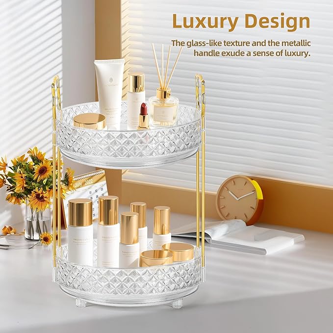 360 Rotating Makeup Organizer for Vanity, 2Tier Adjustable Perfume Organizer for Dresser, Multi-Function Spinning Cosmetics Skincare Storage for Bedroom, Dresser, Countertop, Clear