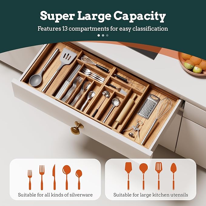 Silverware Organizer Large, Magnetic Connected Expandable 13 Slots Silverware Drawer Organizer From 21 to 37.4 Inches, Adjustable Flatware and Cutlery Holder, Bamboo Utensil Tray for Kitchen Acacia