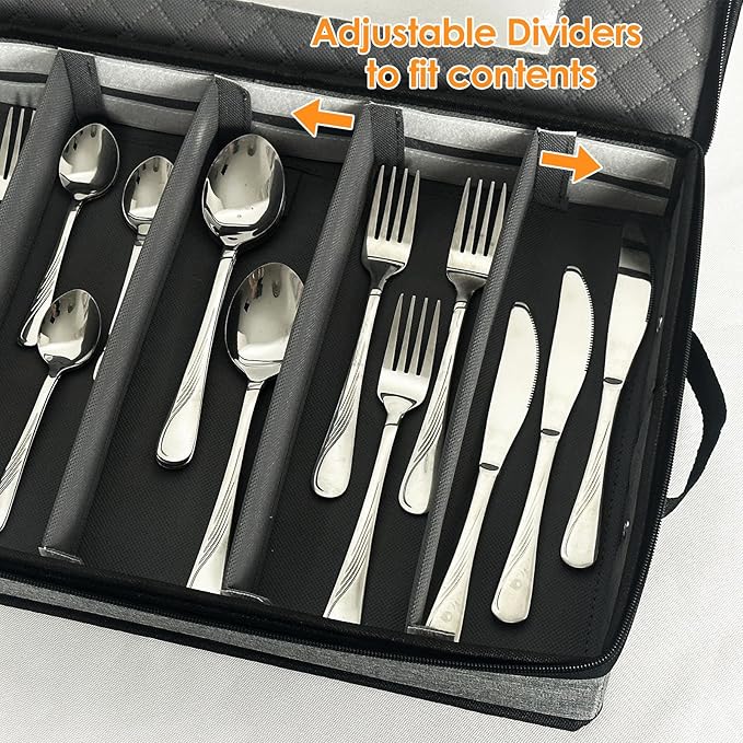 2 Pack Flatware Utensil Storage - Sturdy Silverware Storage Box with Dividers, 5 Compartment Flatware Storage Case with Handles and Removable Lid for Moving&Protected(Dark Gray)