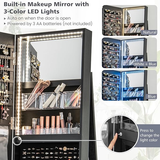 Multigot 3-Color LED Lights Jewellery Cabinet, 3-in-1 360° Swivel Jewelry Armoire with Full-Length Mirror, Lockable Cosmetic Storage Organizer for Dressing Room Living Room Bedroom (Black)