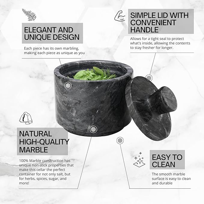 Flexzion Marble Salt Cellar with Lid, Multi-Purpose Marble Container for Salt, Pepper, Paprika and Powdered Herbs, Salt Containers for Countertop, Box for Jewelry, Watches & Accessories (Black)