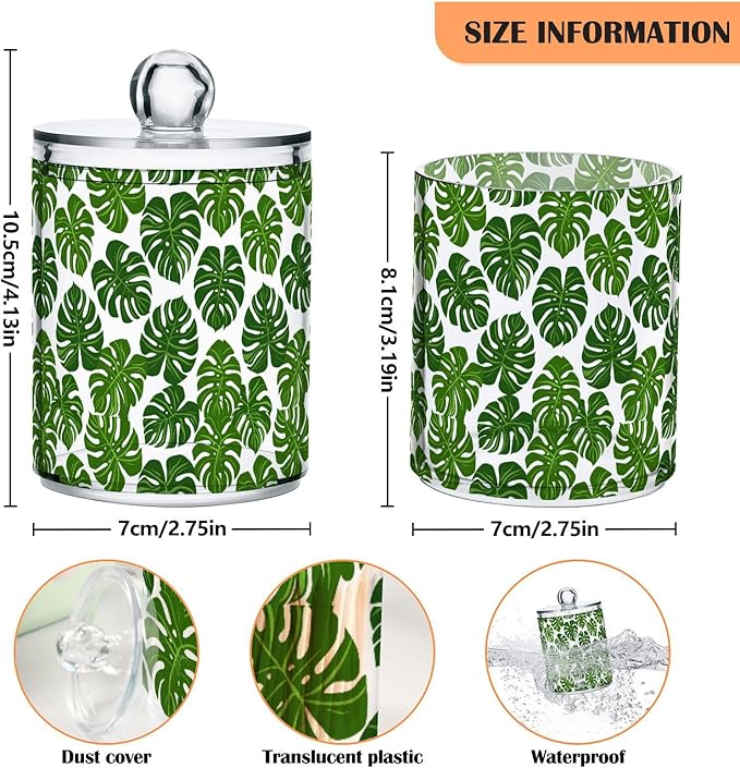 ALAZA 4pcs Monstera Leaf Palm Green White Qtip Holder Dispenser 14 oz Bathroom Storage Clear Apothecary Jars Containers Cotton Ball,Cotton Rounds,Floss Picks, Hair Clips, Food