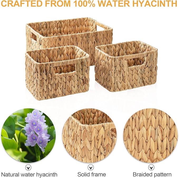 Wicker Storage Basket, 3 Pack Hand-Knitted Wicker Baskets, Water Hyacinth Storage Baskets with Built-in Handles