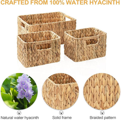 Wicker Storage Basket, 3 Pack Hand-Knitted Wicker Baskets, Water Hyacinth Storage Baskets with Built-in Handles