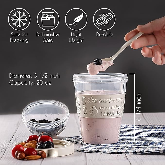 Crystalia 4 Pack 20 oz On The Go Yogurt Parfait Cups with Lids & Spoons, BPA FREE Reusable Yogurt Containers, Take and Go Yogurt Cup with Topping Cereal or Oatmeal Container, Colorful Set
