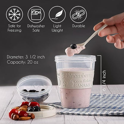 Crystalia 4 Pack 20 oz On The Go Yogurt Parfait Cups with Lids & Spoons, BPA FREE Reusable Yogurt Containers, Take and Go Yogurt Cup with Topping Cereal or Oatmeal Container, Colorful Set