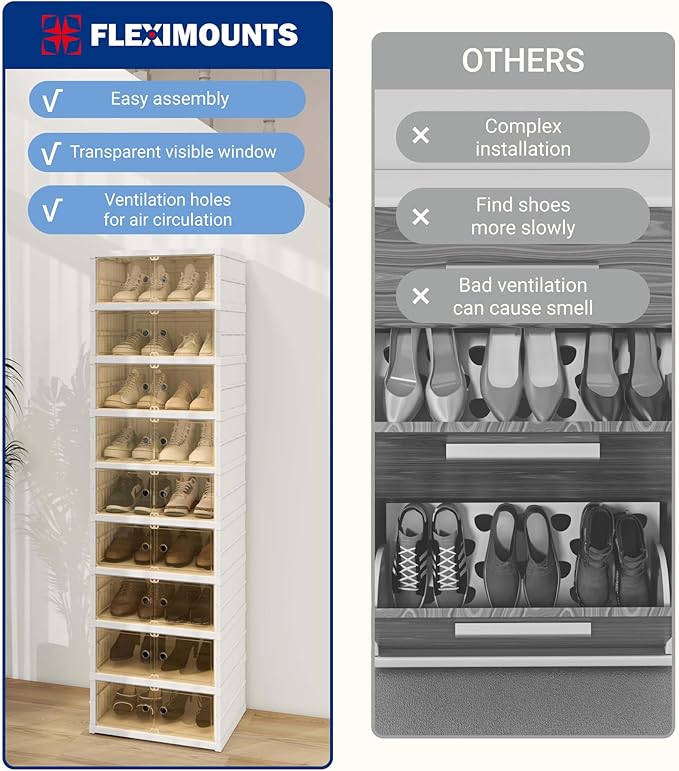 FLEXIMOUNTS Shoe Rack Organizer Storage Box 9 Tiers-18 Pairs, Portable Folding Shoe Rack for Closet Entryway, Collapsible Shoe Cabinet with Magnetic Clear Door for Front Door Entrance
