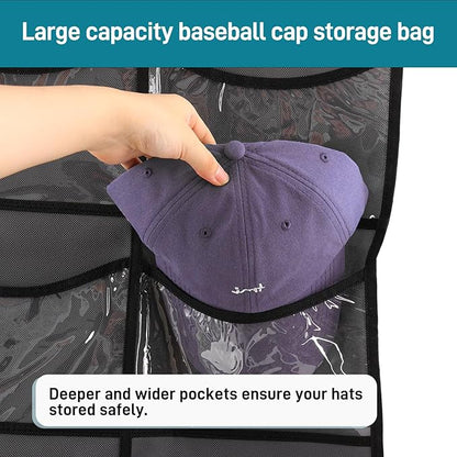 Fixwal Hat Organizer for Baseball Caps, 16 Pocket Over The Door Hat Rack For Storage Closet Wall, Cap Holder Hanger with Large Clear Pockets & 2 Hooks, Hat Storage to Protect and Display, Black