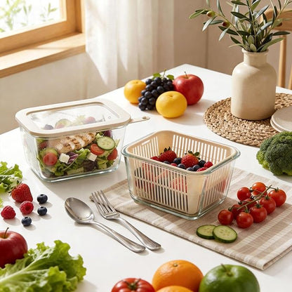 Urban Green Glass Food Storage Containers with Glass Lids, Microwave Safe Food Container Set, Aitight Meal Prep Container Set, BPA Free, 2 extra Colanders, LeakProof, 2 Pack of 60oz