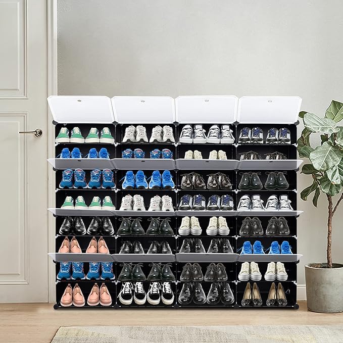 Shoe Rack Organizer, 16 Cube 8 Tier Covered Shoe Storage Cabinet 64 Pairs Freestanding DIY Shoe Shelves Plastic Shoes Rack for Closet Entryway Hallway Bedroom (Black3)
