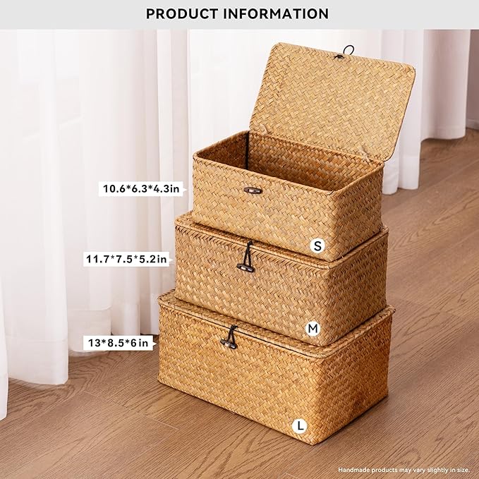 Nonam Storage Basket with Lid, Natural Seagrass Bin with Lid Set of 3, Shelf Baskets Multipurpose Container for Boho Decoration, Rectangular Household Storage Boxes for Home Organization-Natural