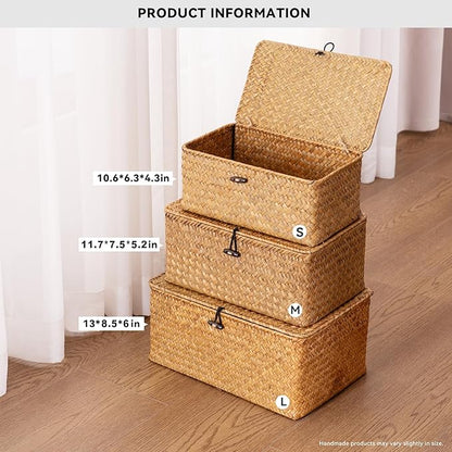 Nonam Storage Basket with Lid, Natural Seagrass Bin with Lid Set of 3, Shelf Baskets Multipurpose Container for Boho Decoration, Rectangular Household Storage Boxes for Home Organization-Natural