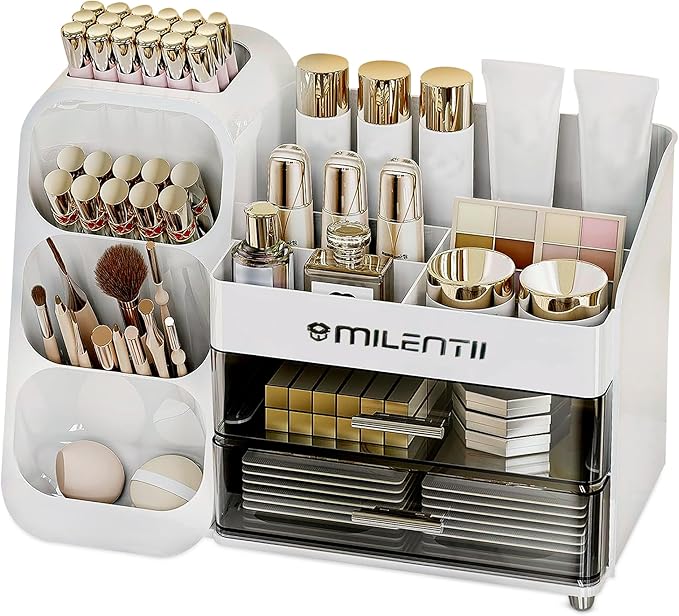 Makeup Organizer with Drawers, Large Capacity Cosmetic & Skincare Storage Box, Countertop Vanity Organizer for Bathroom, Bedroom & Dresser, ABS Plastic, White