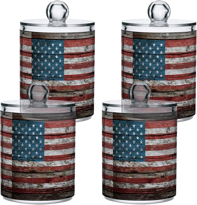 Gredecor 2 Pack Qtip Holder Clear Retro Americana Flag Apothecary Jars with Lids Acrylic Bathroom Jars Vanity Countertop Canister Storage Organizer for Cotton Ball,Swabs,Pads,Floss
