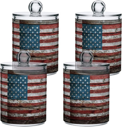 Gredecor 2 Pack Qtip Holder Clear Retro Americana Flag Apothecary Jars with Lids Acrylic Bathroom Jars Vanity Countertop Canister Storage Organizer for Cotton Ball,Swabs,Pads,Floss