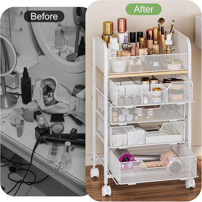 Hongtamoya Makeup Cart Organizer with 4 Drawers, Large Floor Skincare Organizers, Vanity Storage Organizer Cosmetics Display Cases for Skin Care Perfume Nail Polish, White