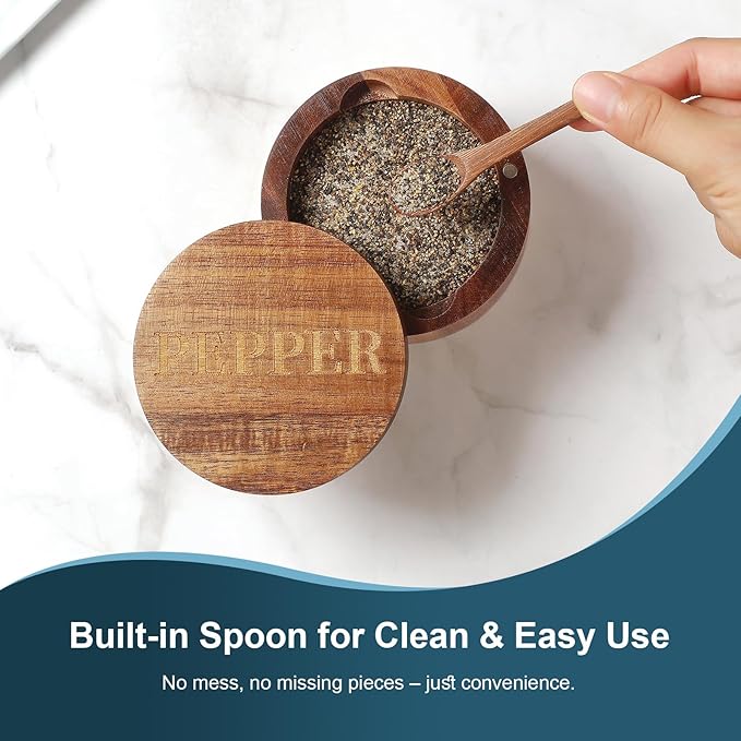 Timtopno PEPPER Cellar, Acacia Wood Salt Container with Built-in Spoon & Swivel Lid, Engraved PEPPER Box, Salt Holder Bowl for Countertop Seasoning Storage
