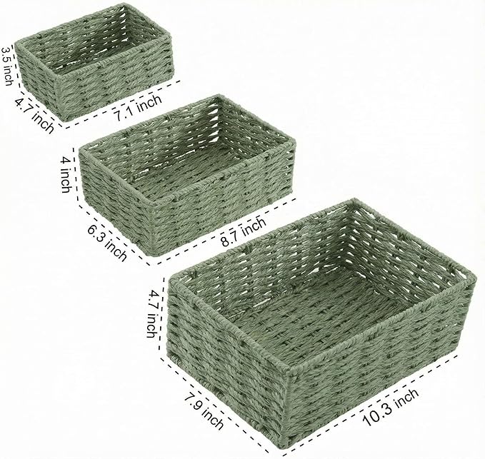 Small Wicker Basket for Organizing, Woven Storage Basket Set of 3 - Handwoven Natural Paper Rope Baskets to Declutter Any Room, Perfect for Organizing and Home Decor (Green)