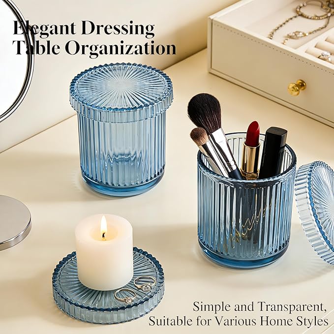 2 Pack Glass Qtip Holder Dispenser Set - Bathroom Organizer for Cotton Swabs, Balls, Pads, Floss Picks - Clear Apothecary Jars for Vanity, Makeup Storage, Bathroom Accessories Decor (Blue)