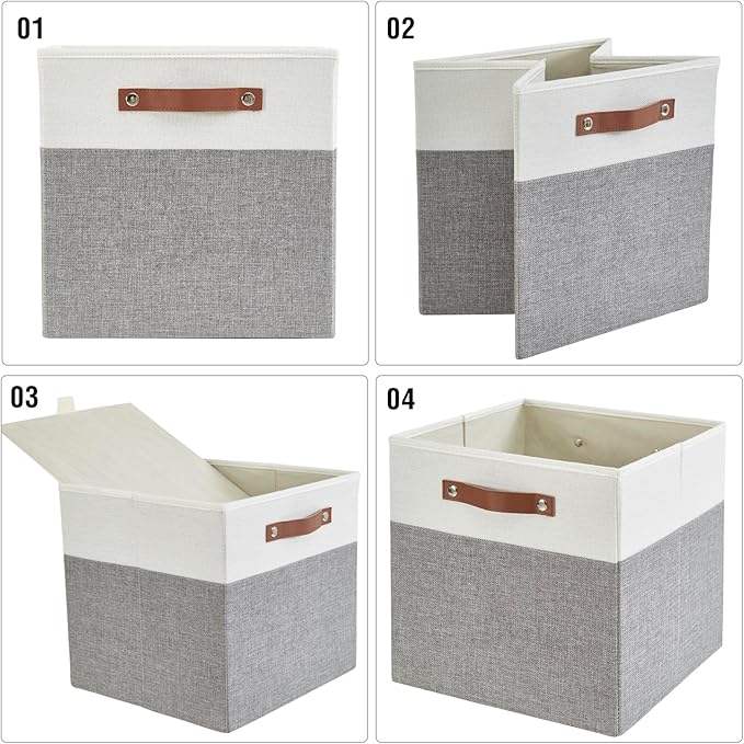Bagnizer Collapsible Fabric Storage Cube Bins with 2 Reinforced PU Handles, Foldable Storage Organizer Baskets for Closet, Shelves, Living Room | 13"x13"x13", 4 Pack, Gray & White