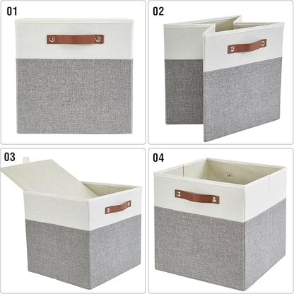 Bagnizer Collapsible Fabric Storage Cube Bins with 2 Reinforced PU Handles, Foldable Storage Organizer Baskets for Closet, Shelves, Living Room | 13"x13"x13", 4 Pack, Gray & White