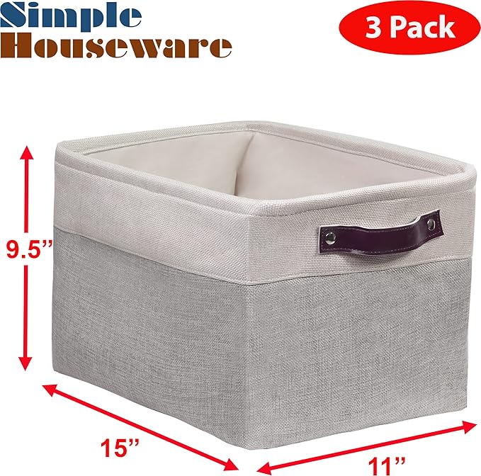 Simple Houseware 15" x 11" Large Fabric Storage Bin for Closet and Shelves, Leather Like Handles, 3 Pack, Gray