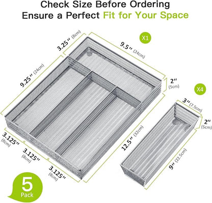 Neudeco Drawer Organizer Set 5 Pack - 4-Compartment Silverware Organizer Tray + 4 Utensil Trays, Kitchen Drawer Organizer for Flatware, Cutlery, Office Supplies, Silver Mesh, Non-Slip,Silver