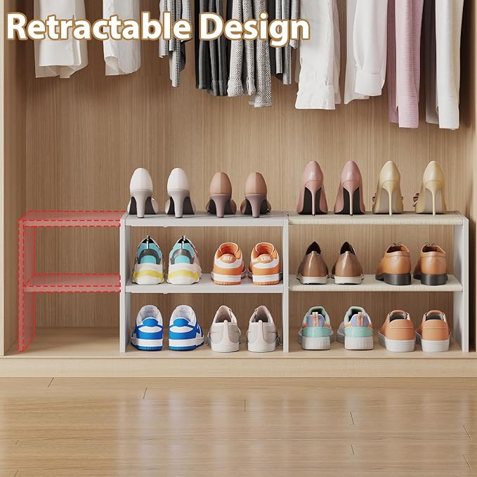 X-cosrack Long White 11.02″Shoe Rack for Closets, Stackable and Expandable Shoe Organizer, Suitable for Entryways, Garages, Storage Shelves Made of MDF, Oxford Cloth and Iron