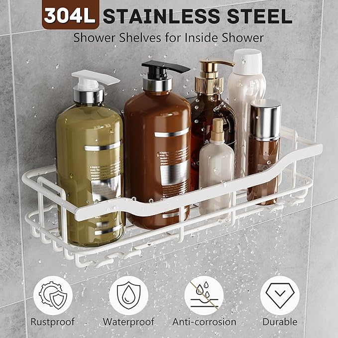 OMAIRA 3-Pack Shower Caddy with Soap Holder, Adhesive Rustproof No-drill Strudy Loading Inside Shower Organizer Shelves Rack Storage Bathroom Organization for Smooth Wall Glass Tile, White (X-Large)