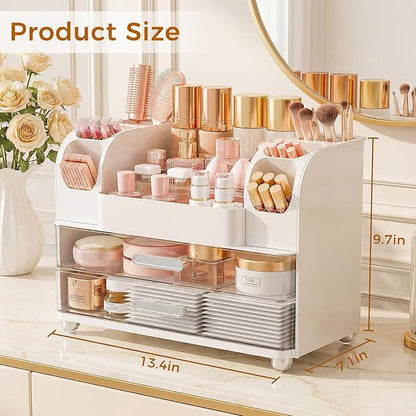 Makeup Organizer for Vanity with Drawers, Large Countertop Makeup Organizer - Skincare Storage, Brush Holder, Perfume & Cosmetics Display Case (White)