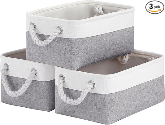 Storage Baskets for Shelves 11.8x7.9x5.2 Inch, Foldable Fabric Storage Bins with Handles, Small Storage Baskets for Organizing Closet, Office, Home Organization (3-Pack, White&Gray)