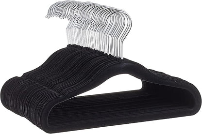 Amazon Basics Kids Space Saving Velvet Non-Slip Clothes Hangers with Shoulder Notches for Infant and Toddler, 11.6", Black, 50-Pack