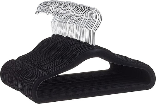 Amazon Basics Kids Space Saving Velvet Non-Slip Clothes Hangers with Shoulder Notches for Infant and Toddler, 11.6", Black, 50-Pack