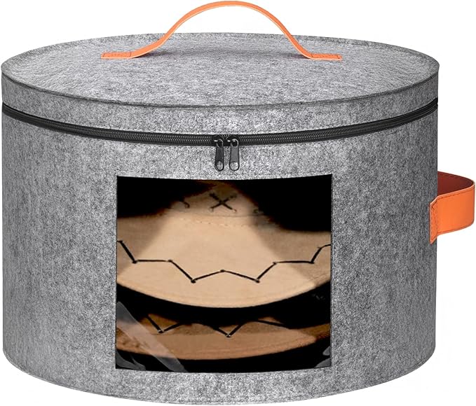kushon Round Cowboy Hat Box for 6-9 Caps, Large Felt Hat Organizer Bag for Men & Women Storage, With Support, Foldable 16.5" D x 11" H Carrier