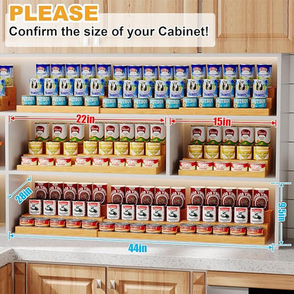 3-Tier Extra-Long Expandable Bamboo Can Rack for Pantry – Adjustable Pantry Can Organizer, Large Capacity Holds up to 45 Cans, Pantry Shelf & Countertop Storage (Patent Pending)