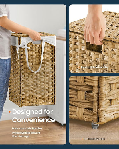 SONGMICS HOME Laundry Hamper with Lid, Clothes Basket with Removable Liner and Handles, 17.2 Gallon, Foldable Narrow Laundry Organizer for Bathroom, Bedroom, Light Brown