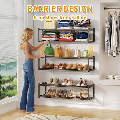 2 Pack Wall Mounted Shoe Rack, 16.9"-31" Expandable Hanging Shoe Rack with 4 Hooks, Premuim Wall Shoe Holder, Space Saving Metal Shoes Organizer for Closet, Entryway, Garage, Front Door