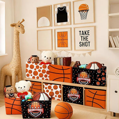 CHENGU 3 Pcs Basketball Baskets Storage Bin Basket for Gifts Collapsible Waterproof Canvas Cube Sports Storage Basketball Organizer with Handles for Clothes Toys Balls Shelf Nursery Boxes Decor
