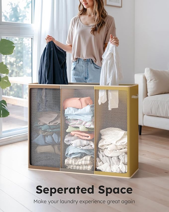 SOLEDI 180L 3-Section Laundry Hamper with Lid, Extra Large Dirty Clothes Basket with Sturdy Handles for Laundry Room & Bedroom - Durable Organizer for Sorting Laundry