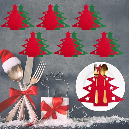 12pcs New Christmas Tree Cutlery Knife And Fork Cover Table Decoration Cutlery Holder Knife Folk Holder Pockets Felt Tableware (12PCS Christmas Tree Cutlery Holder - 6Red+6Green)