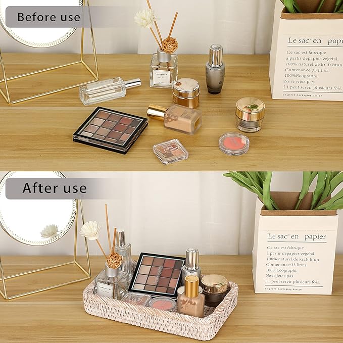 Sumnacon 10 Inch Rattan Bathroom Vanity Tray - Decorative Wicker Toilet Tank Tray for Paper Hand Towel, Vintage Storage Basket Bin for Bathroom Kitchen Toilet Tank Vanity Countertop Table Shelf White