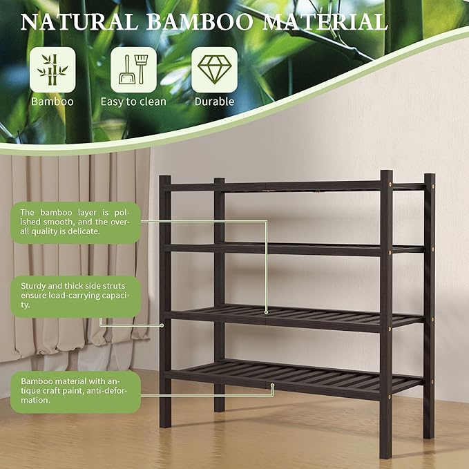 ROMGUAR CRAFT 4 Tier (Thick) Bamboo Shoe Rack for Closet Free Standing Wood Shoe Shelf for Entryway Small Space Stackable 27"x12"x28" (Black Brown)
