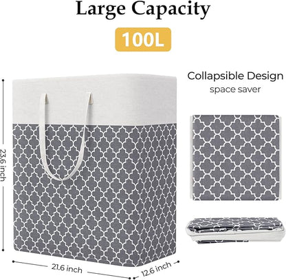 StorageRight Laundry Basket Hamper Large Collapsible Laundry Hamper with Easy Carry Handles，Freestanding Clothes Hampers for Laundry, Bedroom, Dorm, Clothes, Towels, 100L, Clover Grey