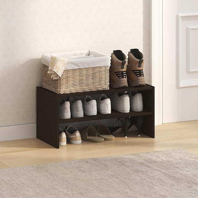 Furinno FANO Shoe Rack, 24-Inch Width 2-Tier Shoe Organizer, Stackable Shoe Storage, 11.7 x 24.2 x 11.7, for Closet Entryway, Office, Garage, Black Dark Oak
