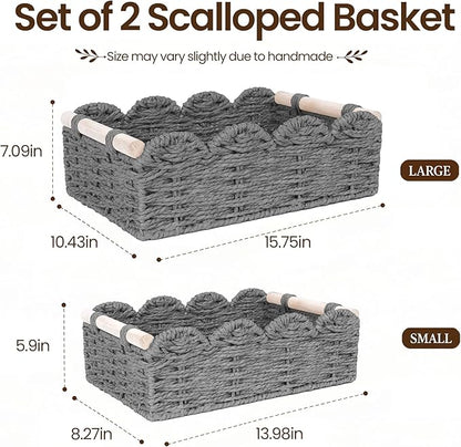 iEGrow Paper Rope Small Storage Baskets for Organizing, Set of 2 Scalloped Edge Wicker Basket with Wooden Handles Toilet Paper Basket for Over Toilet Storage Shelf, Home Decor, Living Room (Grey)