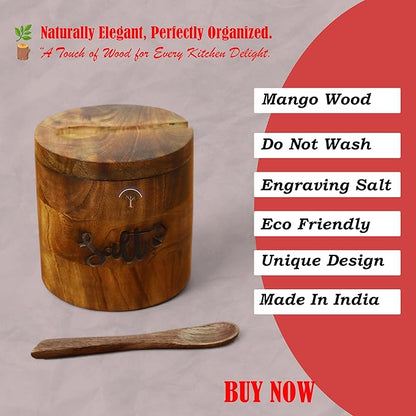 Handcrafted Wooden Salt Box with Lid & Spoon – Rustic Salt Cellar Storage Keeper for Kitchen
