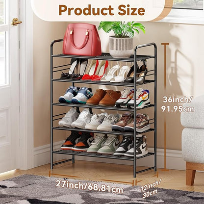 Simple Shoe Rack, 5 Tier Heavy Duty Metal Shoe Shelf 27 Inch Wide, Black