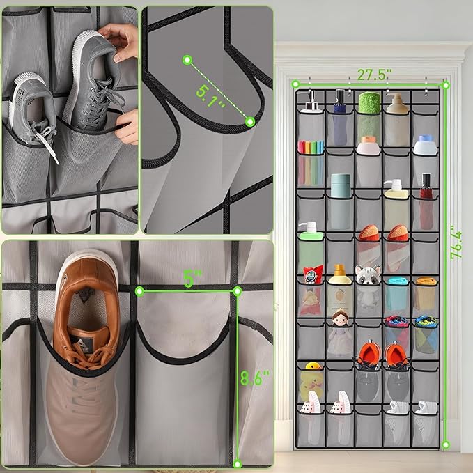 Meolsaek Over the Door Shoe Organizer with 40 Breathable Mesh Pockets, Hanging Shoe Organizer for Door with 4 Metal Hooks, Shoe Organizer for Closet, Bedroom, Bathroom, Pantry (White, 24)